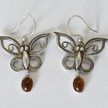 90's sterling silver amber drop goth butterfly dangles, BJ 925 China edgy abstract insect earrings 