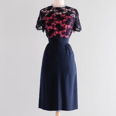 Fabulous 1960's Navy &amp; Hot Pink Soutache Lace Silk Cocktail Dress / Sz M