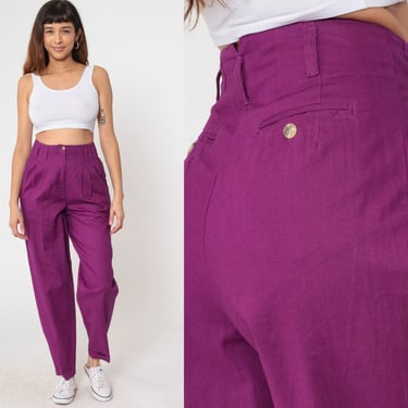 Purple Pleated Pants 90s Trousers Tapered Straight Leg Cuffed Slacks Retro High Waisted Rise Preppy 1990s Vintage Cotton Ramie Small 28 