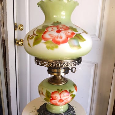 VINTAGE GWTW Lamp, Hand Painted Floral Hurricane Glass, GWTW Style, Farmhouse Decoration 