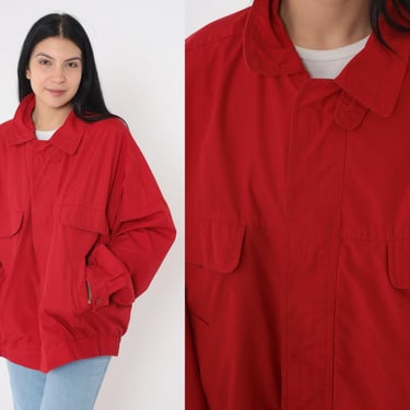 80s London Fog Jacket Red Bomber Windbreaker Plain Zip Up Cargo Pocket Utility Jacket 1980s Normcore Vintage Men's Extra Large xl Long 