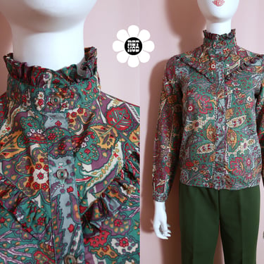 Lovely Vintage 70s 80s Dusty Green Paisley Floral Patterned Long Sleeve Button Down Blouse 