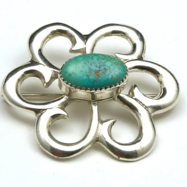 Vintage Navajo Sterling Silver Sandcast Turquoise Swirl Flower Brooch Pin Signed Native American Southwestern Jewelry 