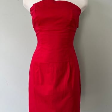 1990s Vintage Womens/Juniors Sexy Red Christmas Strapless Tube Cotton Dress 