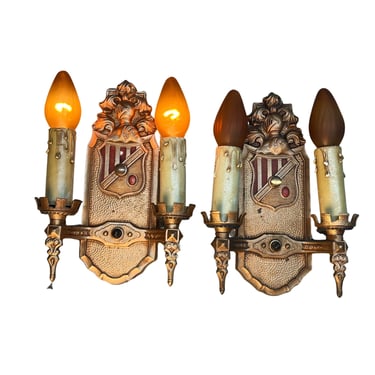 Pair Cast Iron Romantic Revival Knight Wall Sconces with Original Copper Paint #2351 FREE SHIPPING Restored 