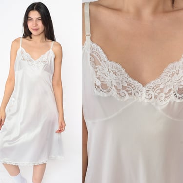 80s Slip Dress White Lingerie Midi Dress Lace Trim Retro Empire Waist Nightgown Knee Length Vintage 1980s Large 42 L 