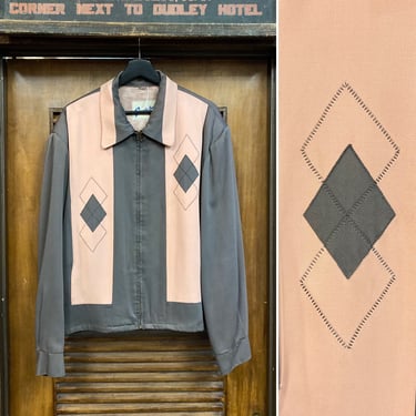 Vintage 1950’s Size XL Grey x Pink Argyle Diamond Gabardine Rockabilly Jacket, 50’s Zipper Jacket, Vintage Clothing 