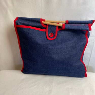 Vintage denim tote with wooden handle Large handmade book bag carry-all 1970’s authentic vintage bag dark denim craft work 