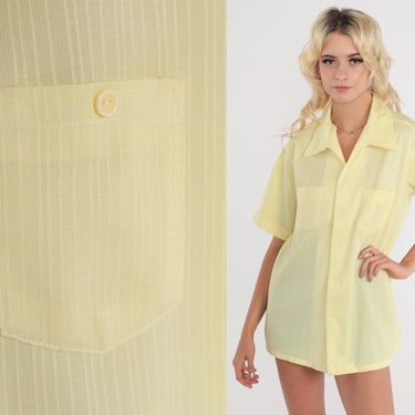 Yellow 70s Shirt Men's Button Up Dagger Collared Shirt Retro Semi Sheer Short Sleeve Oxford Plain Disco Shirt Vintage 1970s Medium Large 