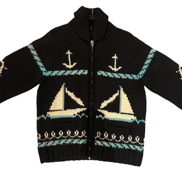 1950s Blue & Black Wool Blend Knit Nautical Anchor Sailboat  Sweater 