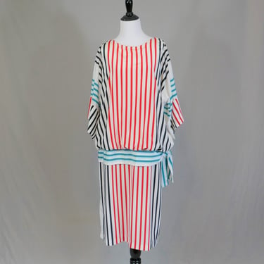 70s 80s Kimono Sleeve Dress - Stripes in Red, Black, Turquoise on White - Drop Waist - Chez California - Vintage 1970s 1980s - L XL 