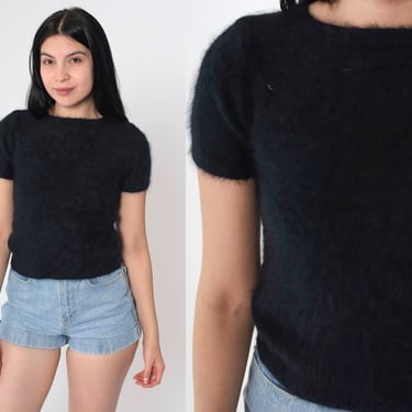 Black Angora Sweater Top Fuzzy Knit Top Short Sleeve Blouse 00s Plain Fall Sweater Top Cropped Shirt Extra Small xs 