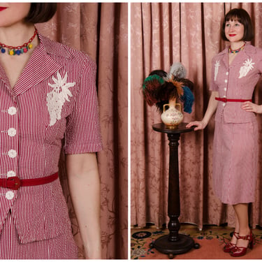 1940s Suit - Charming Burgundy and White Striped Cotton Seersucker 40s Summer Suit Dress Set 