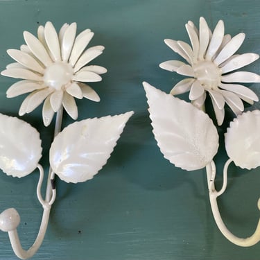 Vintage Toleware Flower Hooks, Tole Metal Decorative Wall Hooks