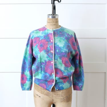vintage 1950s ~ 1960s bright floral angora & wool cardigan • 'darlene knitwear' dream pastels printed cardigan sweater 
