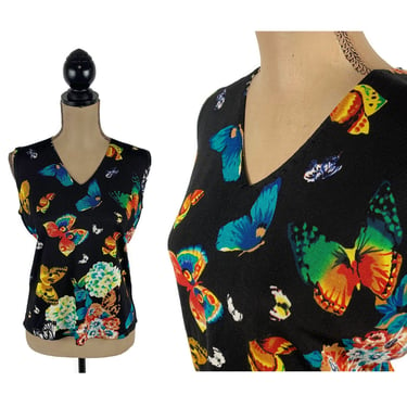 L-XL Y2K Sleeveless Black Floral Top, Silk Knit Summer Blouse, Colorful Butterfly Tank with V Neck, 2000s Clothes Women Vintage by Joseph A. 