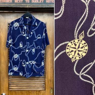 Vintage 1950’s Atomic Nautical Anchor Rayon Cabana Rockabilly Hawaiian Shirt, 50’s Vintage Clothing 