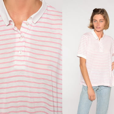 White Polo Shirt 80s Striped Shirt Pink Half Button Up Shirt Retro Tshirt Collared 1980s Nerd Geek Vintage Short Sleeve Large 