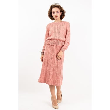 Vintage knitwear sweater skirt set / 1980s Marisa Christina dusty rose pink 2 piece / M 