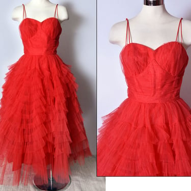 1950's Designer RAPPI Red Tulle Evening Dress, Prom Party Gown, Full Circle Skirt, 50's Rockabilly, Mid Century, Formal 1960's Vintage 