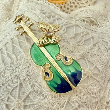 Violin Statement Brooch, Cloisonne Enamel Pin, Viola, Cello, Musical Instrument, Vintage Jewelry 