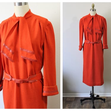 Vintage 60's MOD Designer TRICOSA Paris Made in France Knit Leather Orange Red Belted Sophisticated Dress / US 6 8 10 Med Lg 
