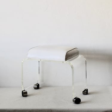 Thick Lucite Acrylic Waterfall Faux Leather Padded Vanity Stool with Castors Vintage Mid Century Modern 