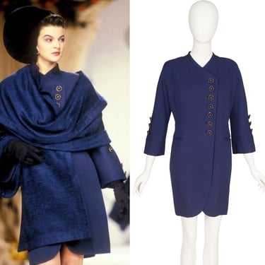 Christian Dior Haute Couture 1990 F/W Runway Vintage Chainlink Button Navy Wool Coat 