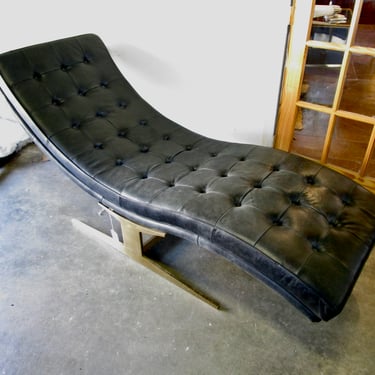 LARGE MODERN GENUINE BLACK LEATHER TUFTED CHAISE