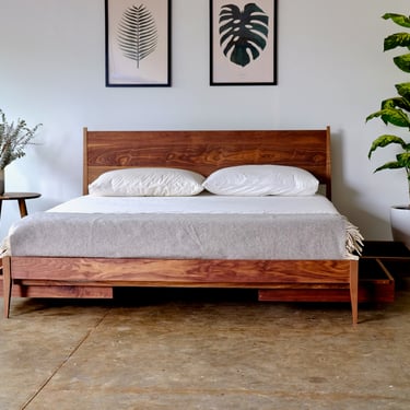 Wooden Storage Bed | Mid Century Modern Bed | Storage Bedframe | Walnut Bed with Drawers | Modern Shaker Style Bed with Storage 