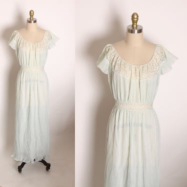 1950s Pale Blue and Cream Lace Trim Accordion Pleated Short Sleeve Sheer Lingerie Nightgown by Barbizon -1XL 