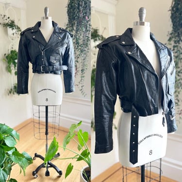 Vintage 1980s 1990s Leather Jacket | 80s 90s Cropped Black Genuine Leather Moto Punk Jacket | large 