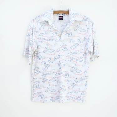 Vintage 70s Collared Shirt - White with a Landscape - Pagoda Pattern 