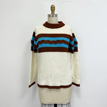 Vintage Pullover Sweater | 1960s Soft Acrylic Striped Crewneck Sweater | Brown and Turquoise | Womens Size Medium 