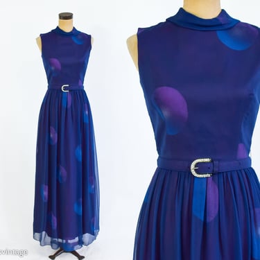 1970s Navy Silk Maxi Dress | 70s Blue Sleeveless Maxi Dress | Purple & Blue Polka Dots | RONA New York | Small 