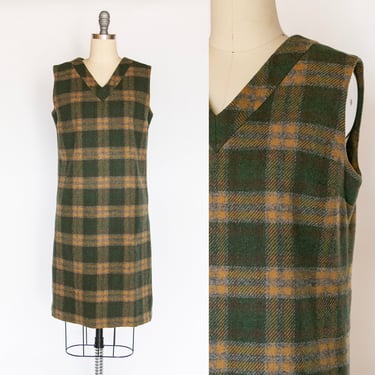 1960s Shift Dress Wool Plaid Green M 