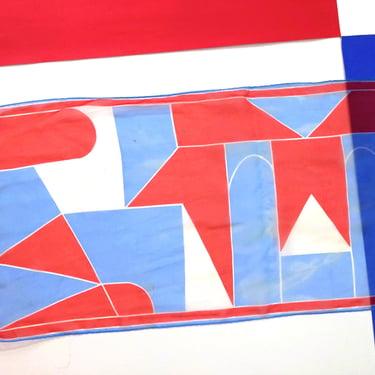 Geometric Vintage 60s 70s Red White Blue Sheer Long Scarf - AS IS 
