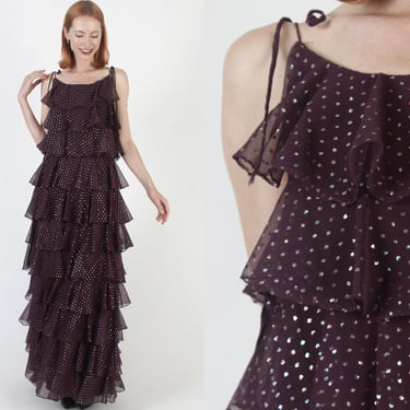 Floor Length Tiered Ruffle Dress Long Metallic Swiss Dot Print Vintage 70s Cocktail Party Outfit 
