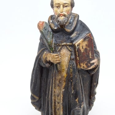 Antique 1800's Santos with Book & Quill,  Polychrome Hand Carved Stone Saint,  Religious Church Statue 