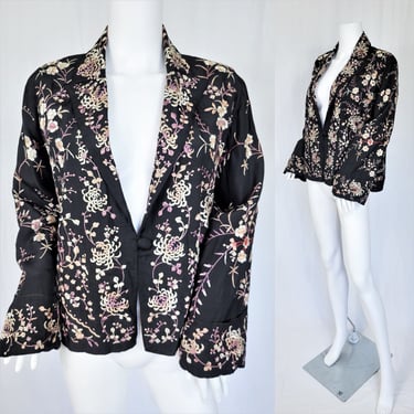 1920's Black Pink Embroidered Chrysanthemum Print Floral Jacket I Sz Med IRayon Outer I Silk Lining I Wedding 