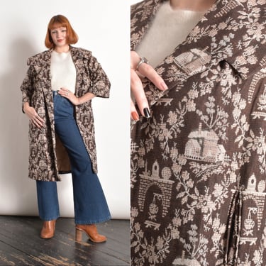 Vintage 1960s Jacket / 60s Pastoral Print Tapestry Coat / Brown ( S M L ) 