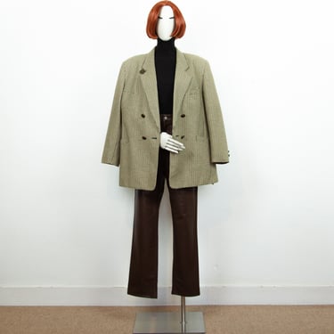 Vintage 80s Beige Brown Houndstooth Wool Blend Maxi Double Breasted Blazer Size M UK 12-14 