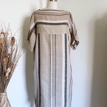 Vintage Striped Dress, Neutral Colors, Loose Fit, S 