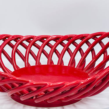 Vintage LG Red  Lattice Oval  Open Weave Bread Basket or Fruit Bowl Pottery with handles 12 1/4