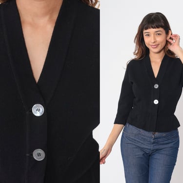 Black Cropped Cardigan 60s Button Up Knit Sweater Wool Mohair Blend 3/4 Sleeve V Neck Basic Plain Preppy Sixties Top Vintage 1960s Small S 