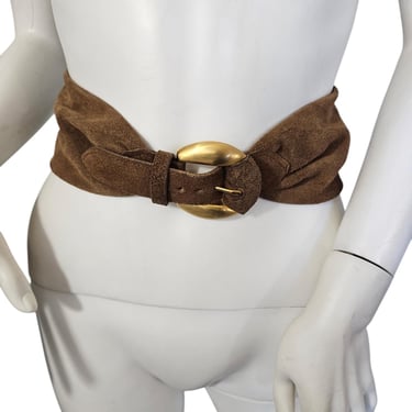 1980s Brown/Tan Wide Suede Belt Gold Buckle I Sz Sm I Limited 