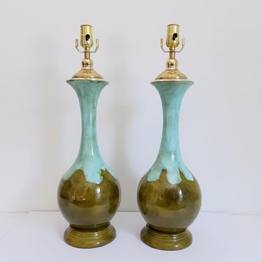 1960s Drip Glaze Blue and Green Ceramic Lamps - Pair 