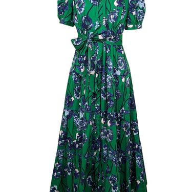 Diane von Furstenberg - Green & Blue Floral Short Sleeve Collared Maxi Dress Sz L