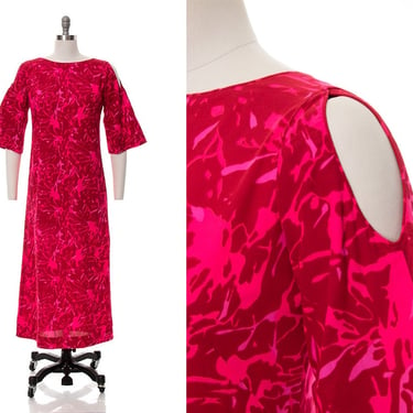 Vintage 1960s 1970s Maxi Dress | 60s 70s Hawaiian Psychedelic Hot Pink Bell Sleeve Cold Shoulder Hostess Gown (small) 