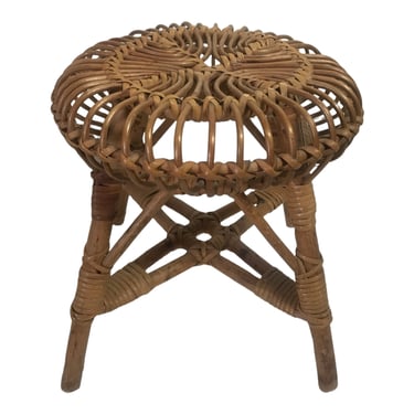 Vintage Franco Albini Rattan & Tortoise Bamboo Plant Stand | Small Pouf Footstool Display Stand Riser | Chinoiserie/Boho Chic Décor 